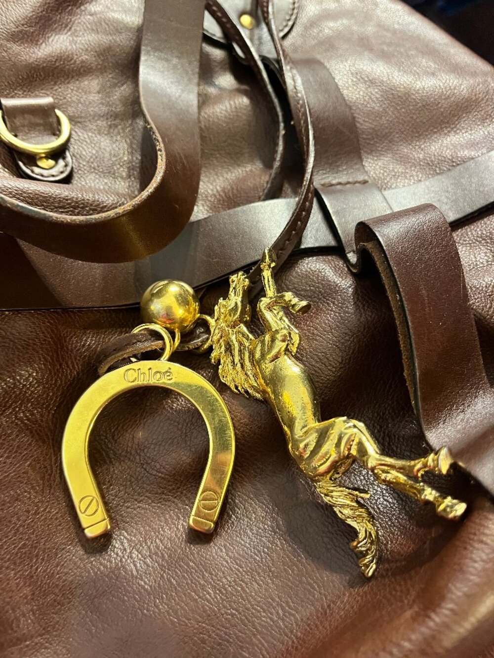 Dark Brown Leather Satchel with Horse and Horseshoe Charms - Picture 6 of 13